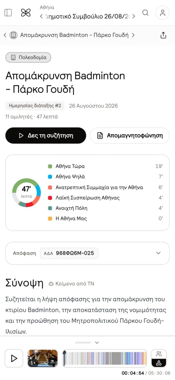 Η σελίδα ενός θέματος συνεδρίασης στο OpenCouncil